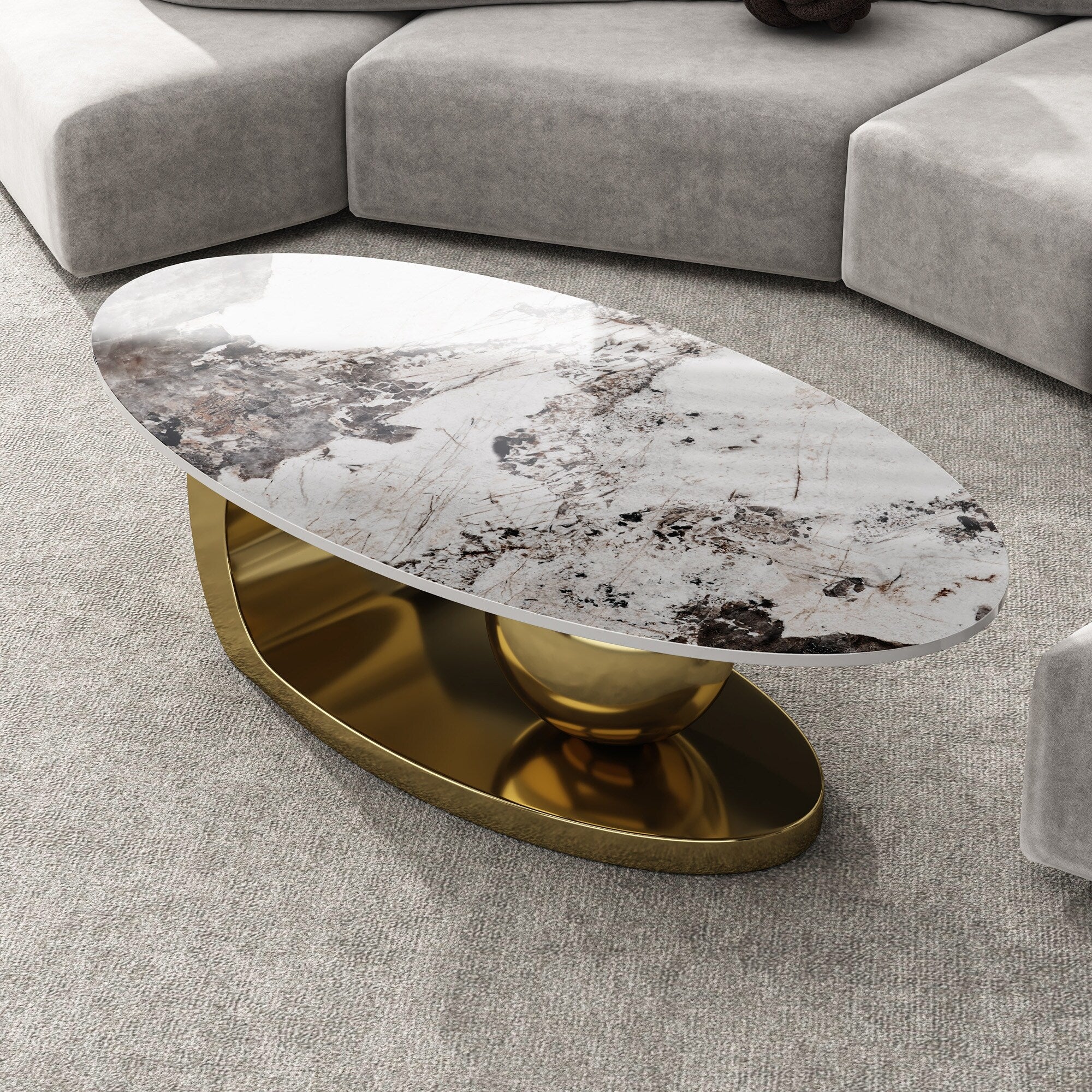 51 Inches Oval Faux Marble Coffee Table with Stainless Steel Base - 51'0 x 27'4