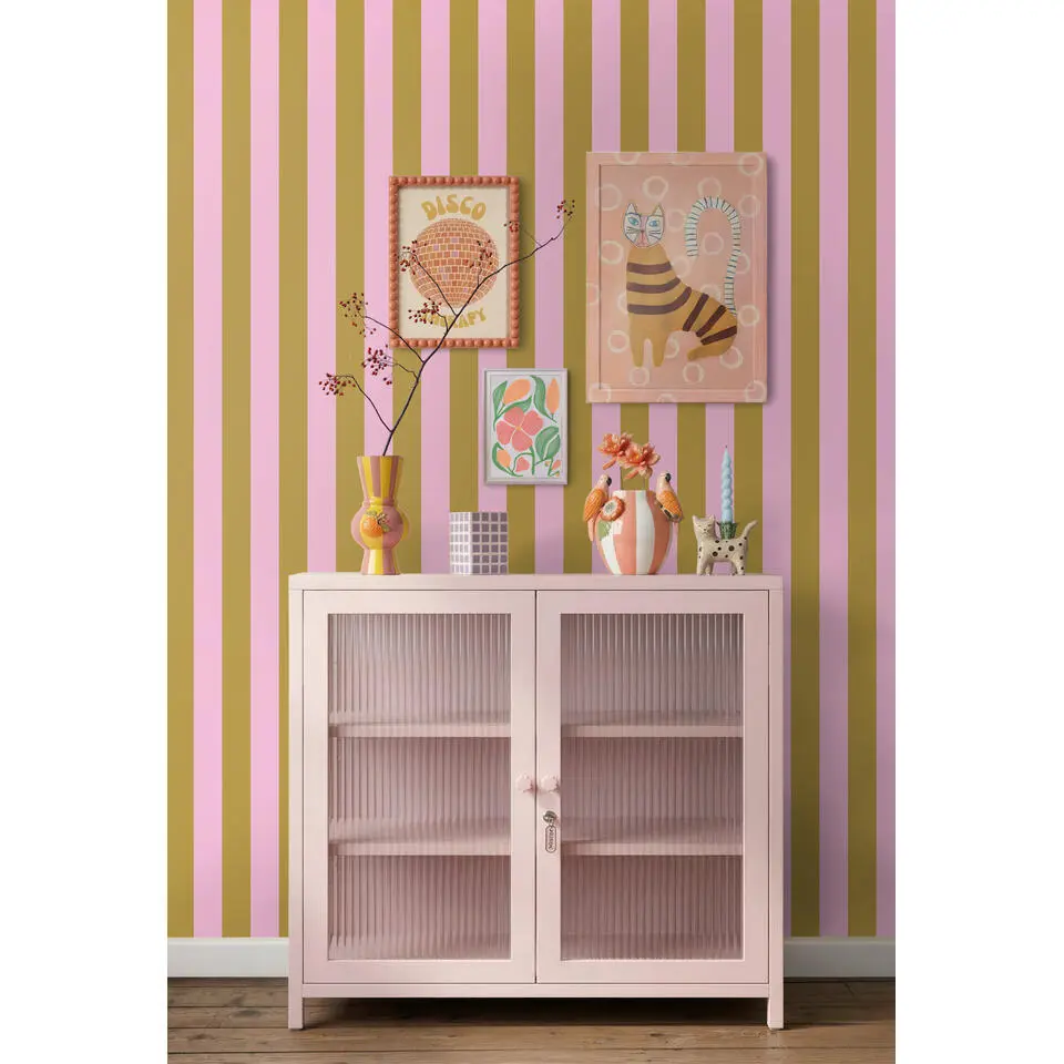ESTAhome behang strepen lila roze en mosterdgeel - 50 x 900 cm