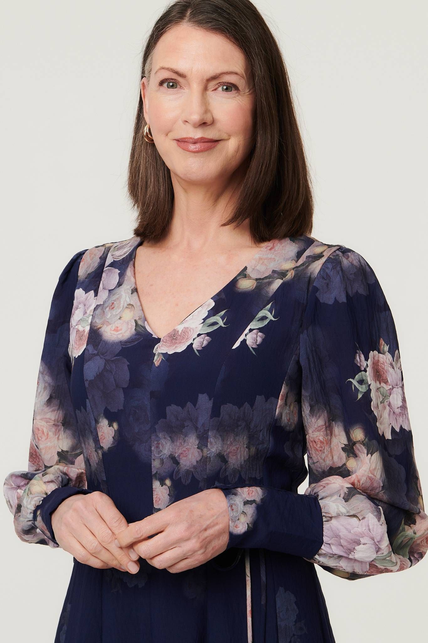 Izabel London Floral Long Balloon Sleeve Midi Dress