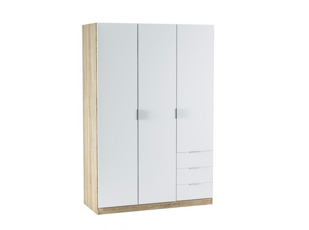 NINA - Armoire blanche / bois 3 portes et 3 tiroirs L121 x H180 cm