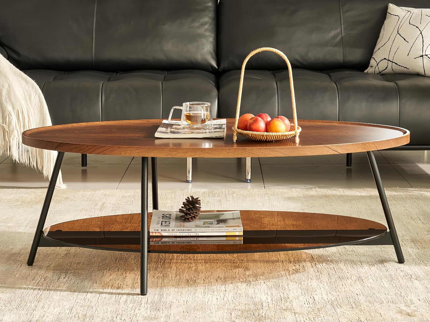 Shrine Glass Coffee Table, Black Walnut Table for Living Room, Glass and Wood Table, 43.3 D x 21.6 W x 15.7 H, Brown Glass Base, Walnut Wood Top&Black Metal Frame
