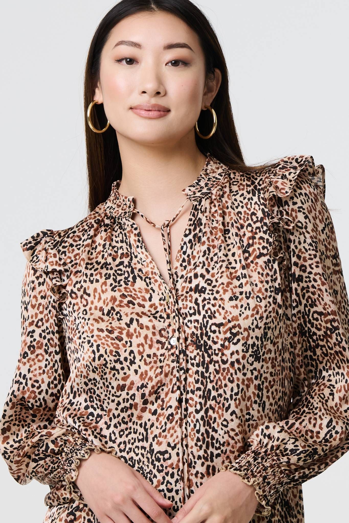 Izabel London Animal Print Tie-Up Keyhole Neck Blouse