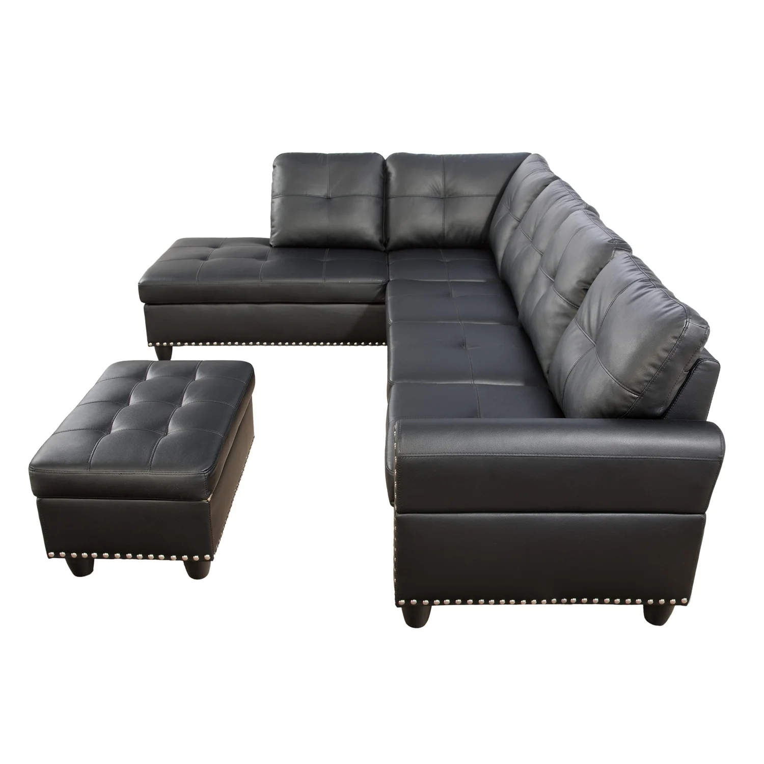 Faux Leather Sectional Sofa with Ottoman and 2 Pillows