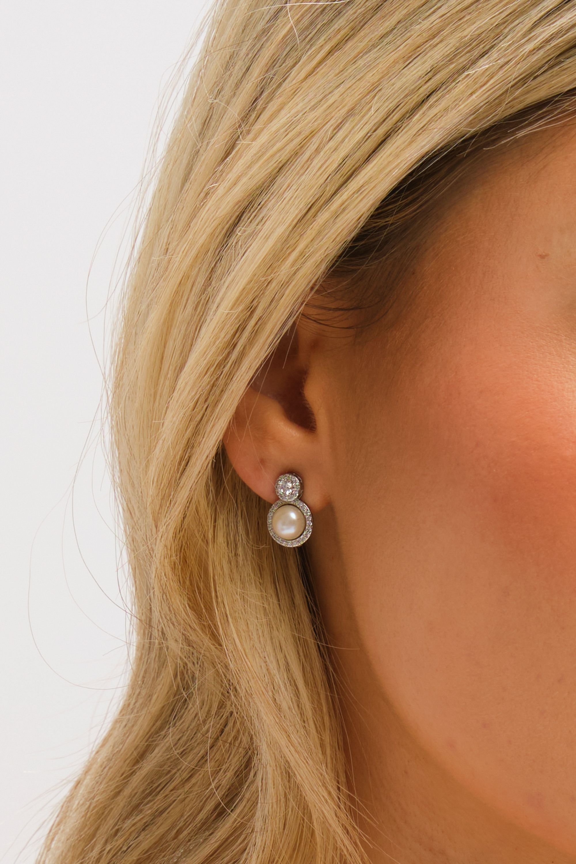 Jon Richard Rhodium Plated Pave and Fresh Water Halo Earrings