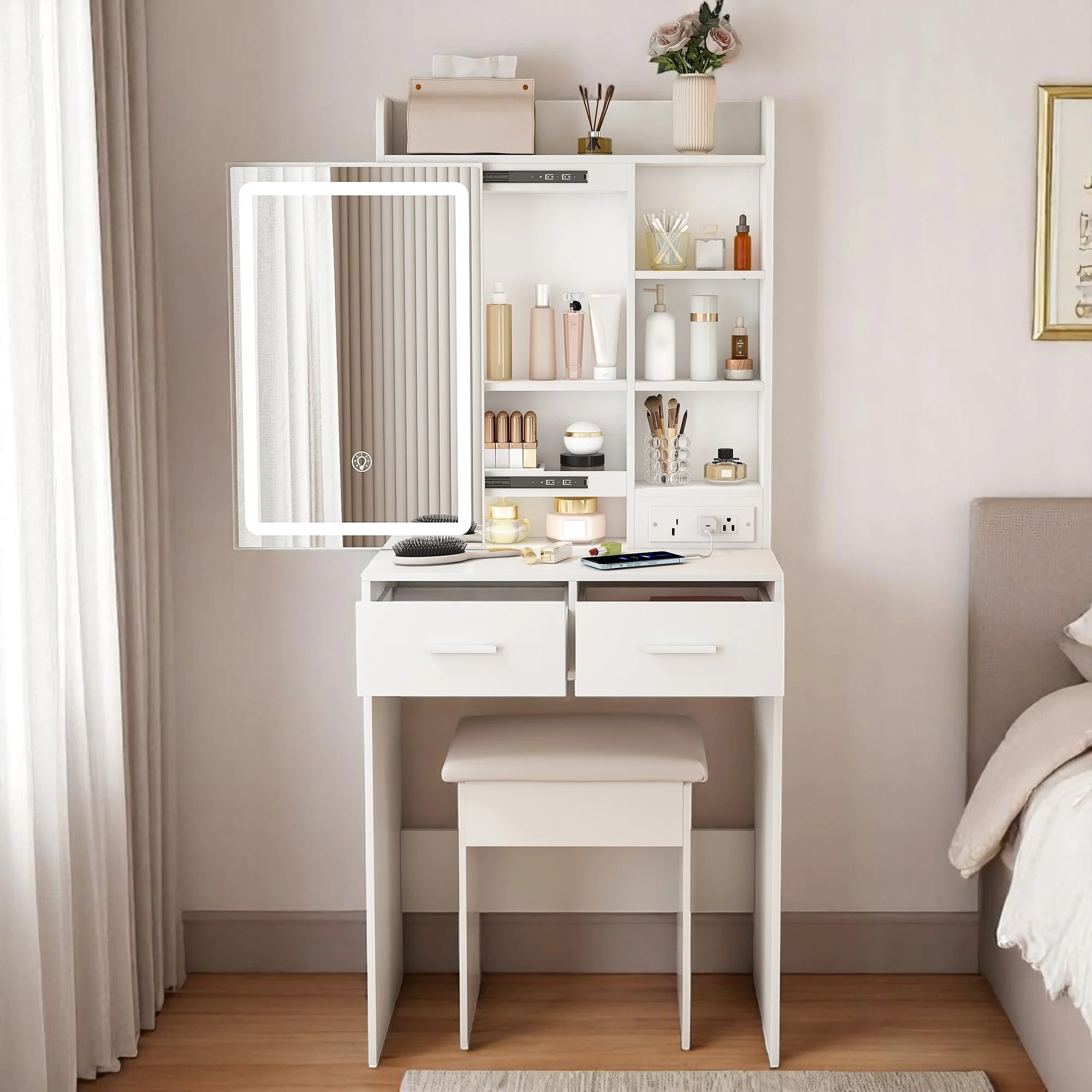 KISRAIS 23.62 Small Size Vanity Desk with Brightness Adjust LED Mirror, Cushioned Stool, Power Station, and Hair dryer bracket