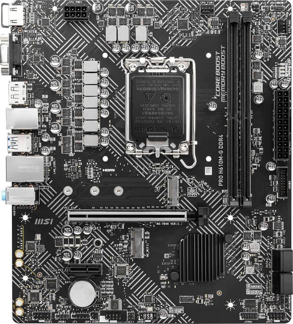 MSI PRO H610M-G DDR4 Motherboard (12th/13th/14th Gen Intel Core, LGA 1700 Socket, DDR4, PCIe 4, SATA 6Gb/s, 1Gbps LAN, M.2 Slots, USB 3.2, mATX)