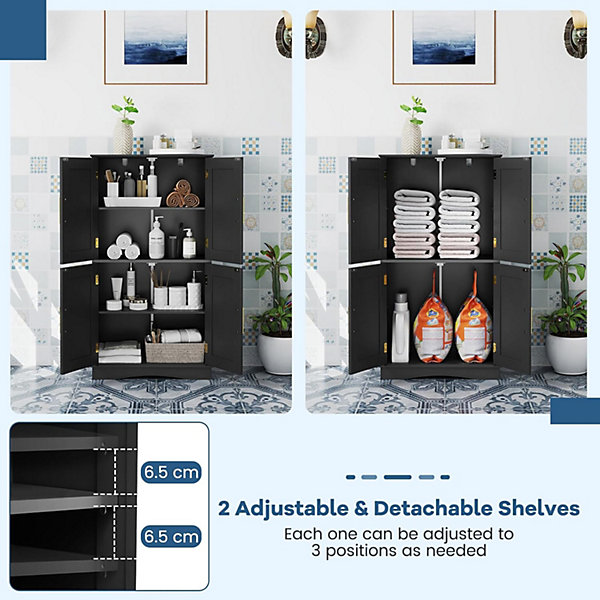 Armoire de Rangement de Salle de Bain, Armoire sur Sol avec 4 Portes, 2 étagères Réglables et Détachables,60 x 30 x 110 CM (Noir)