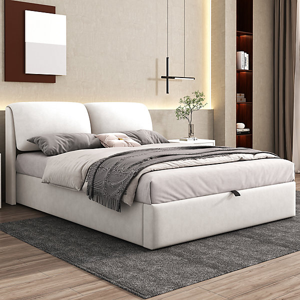 Lit coffre 140x200 cm - lit double capitonné élégant en velours avec 3 tiroirs et rangement hydraulique - blanc - sans matelas