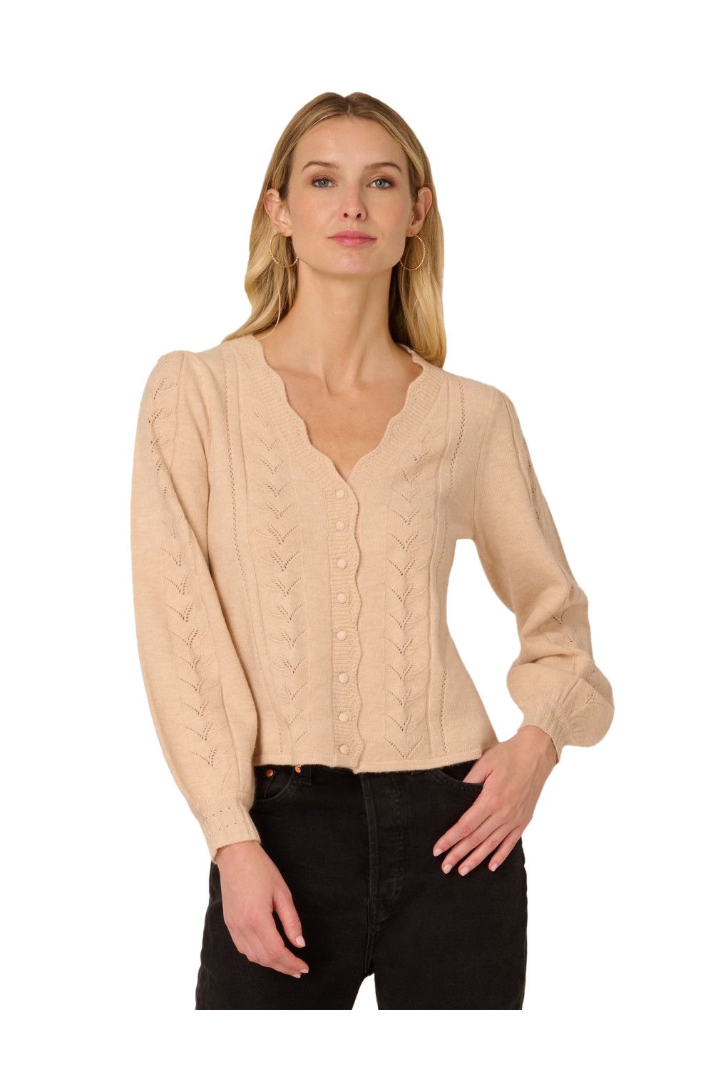 Adrianna Papell Pointelle Long Sleeve V-Neck Crochet Button Cardigan Sweater