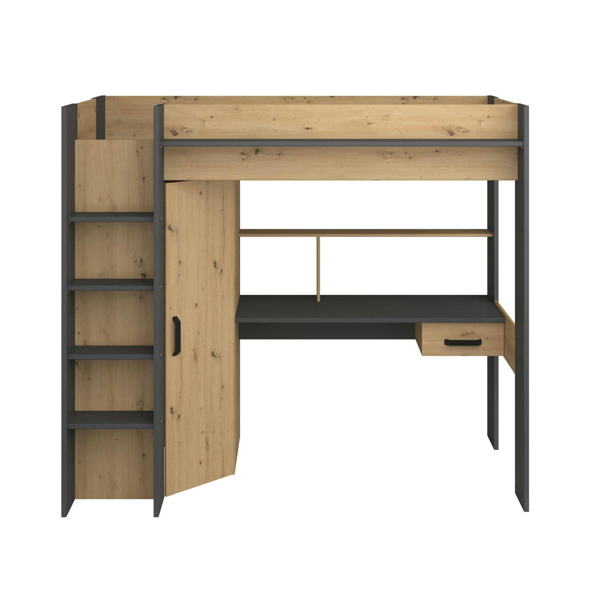 PACOME - Lit mezzanine, bureau et armoire effet bois 90 x 200 cm