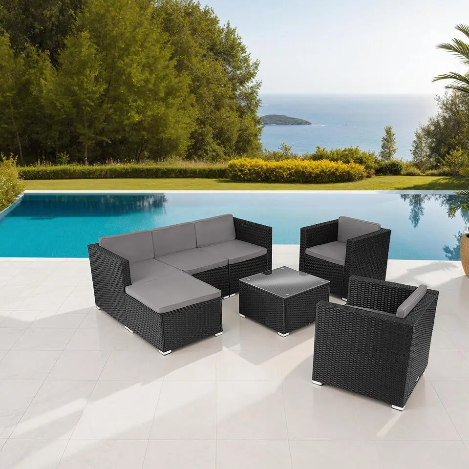 tectake Wicker loungeset Lignano met 2 fauteuils, Zwart