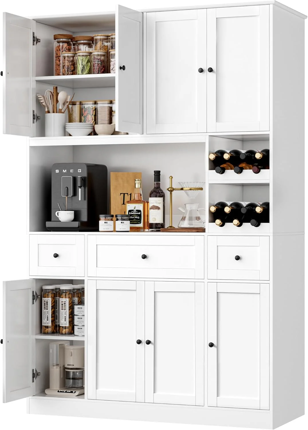 72 Tall Kitchen Pantry with Wine Rack, Pantry Cabinet with Microwave Stand, Large Hutch with Ample Storage, Hutch Cabinet for Kitchen, Dining, Living Room, White