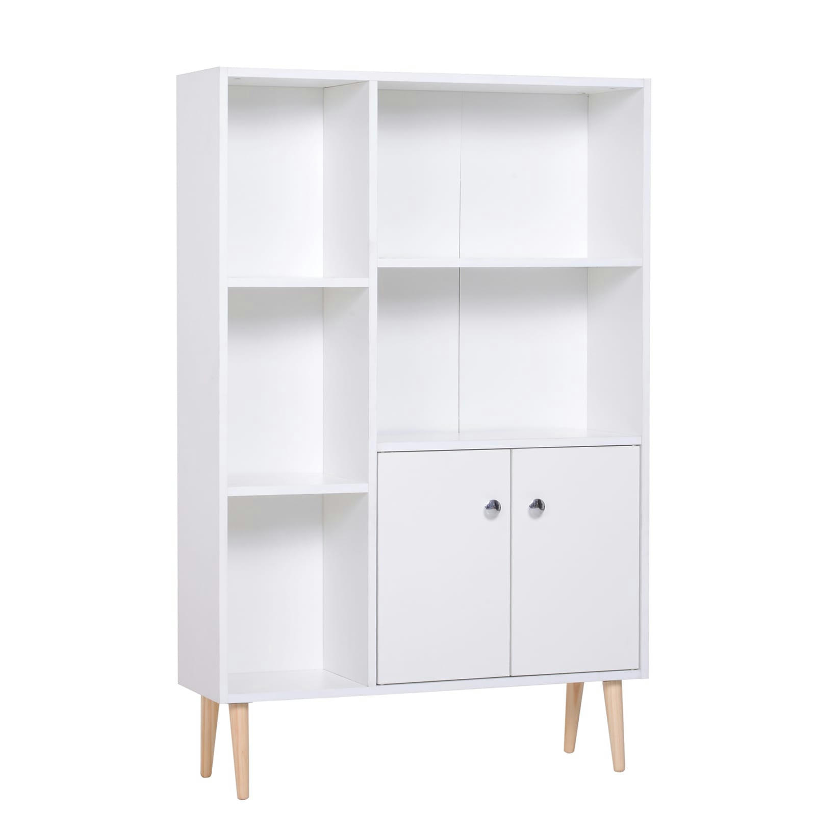 - Bibliothèque scandinave 5 niches 2 portes pieds bois panneaux blanc