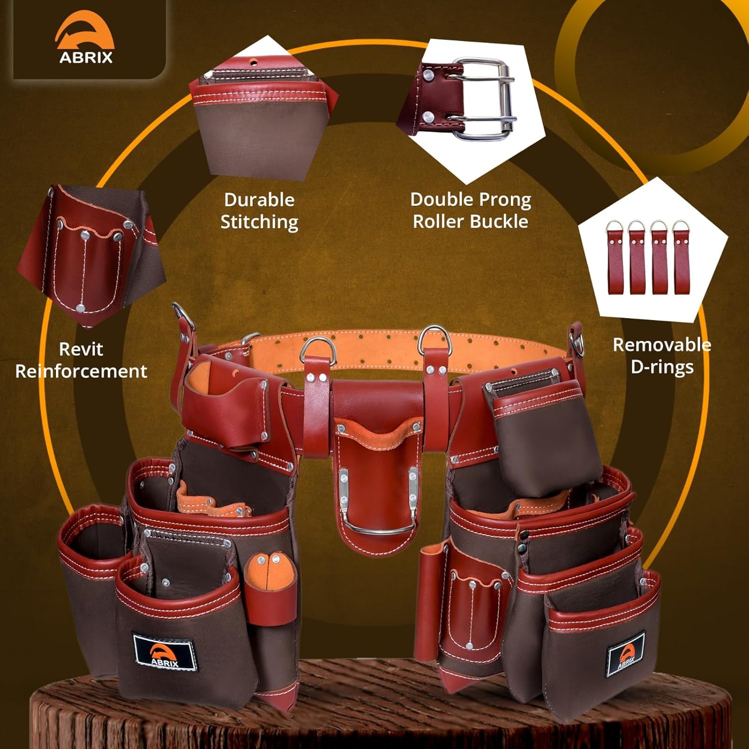 ABRIX Heavy Duty Nylon & Leather Tool Belt for Men Framing Rig Carpenter Tool Belt with Suspender Padded construction belt pauchas construccion (Extra Large, Tool Belt)