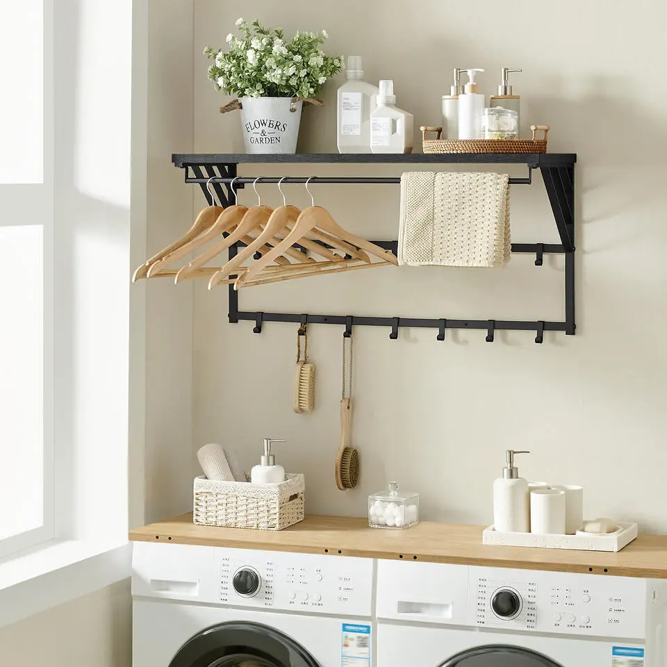 Wandkapstok - Kapstok - 14 Haken - Metaal en Hout - Zwart