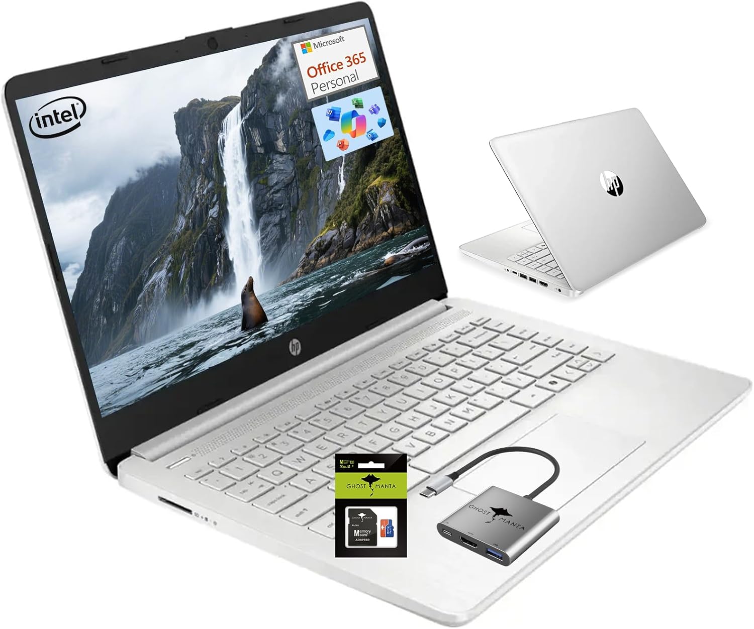 HP 14 Student-Laptop Back to School  Quad-Core Processor (Up to 3.6GHz) 8GB RAM 192GB Storage(128GB UFS + 64GB SD Card) Laptops for Student with 1-Year Office 365 Copilot AI Win11  Natural Silver