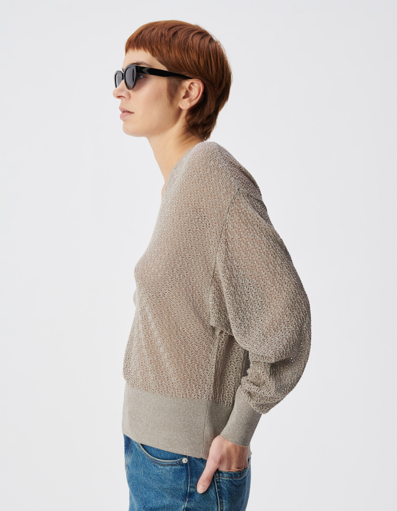Pull chic beige tricot fantaisie pailleté ajouré Femme