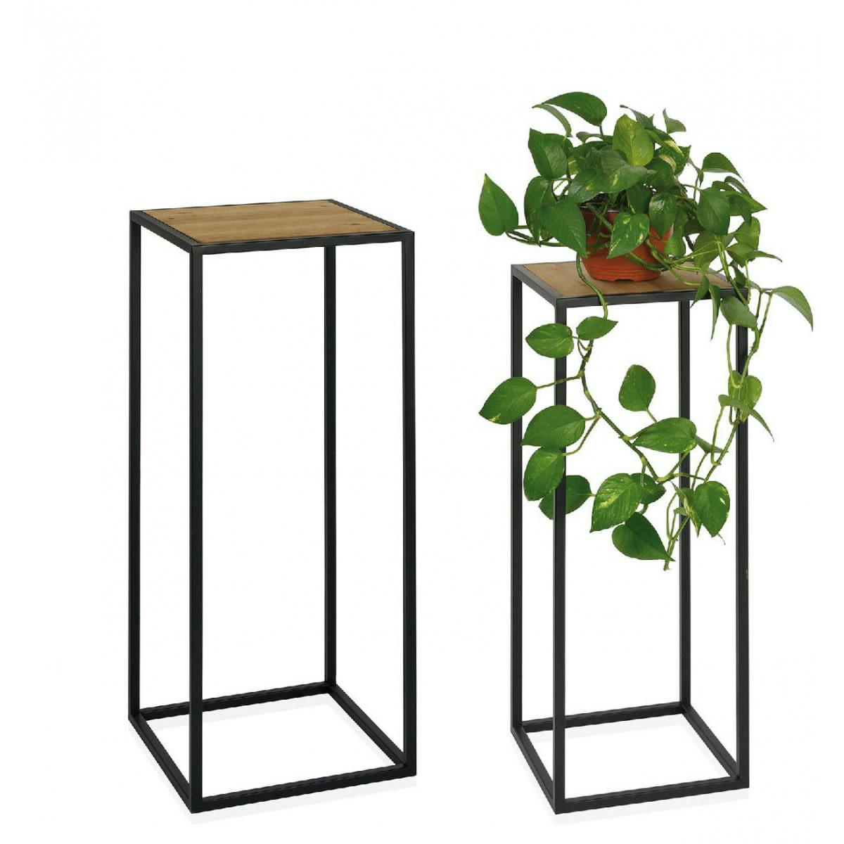 - Set de 2 sellettes en métal noir et bois H70cm