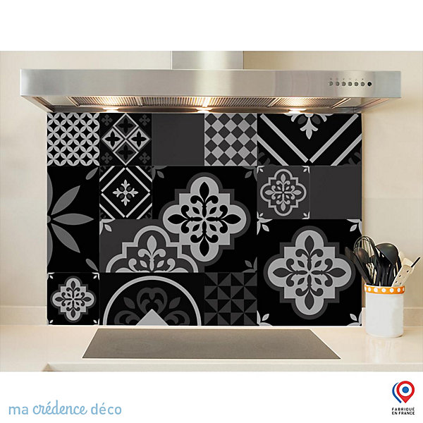 Crédence cuisine fond de hotte Carreaux ciment patchwork noir - Verre trempé - L 90 cm x H 60 cm - MaCrédenceDéco
