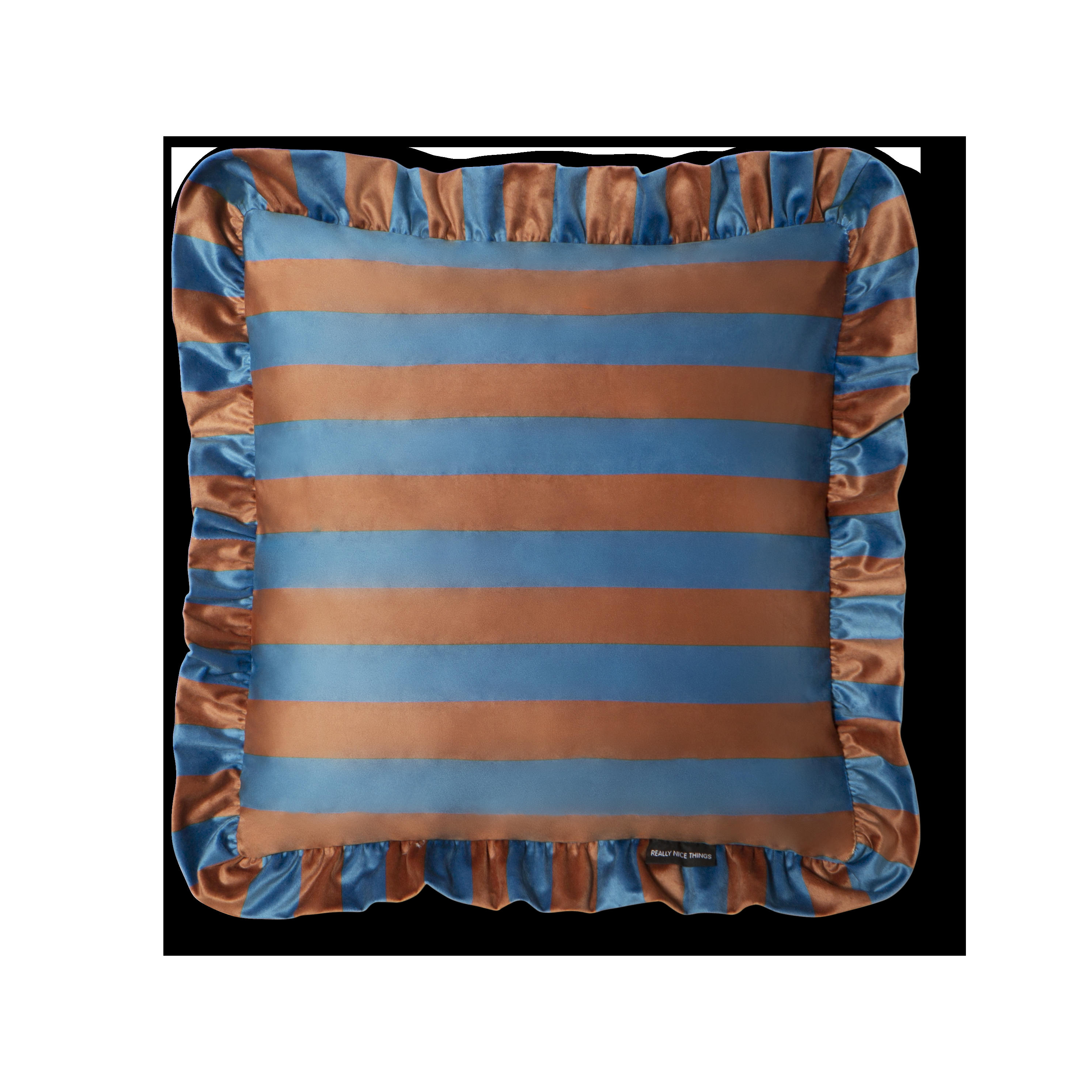 RUFFLE - Coussin en velours avec volant plissé, bleu et marron