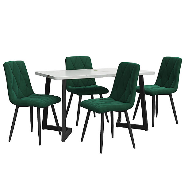 Ensemble Table et Chaises - Rectangulaire MDF avec 4 Chaises Velours, Pieds Métal Noir, Blanc &Vert Foncé, 117x68x75 cm