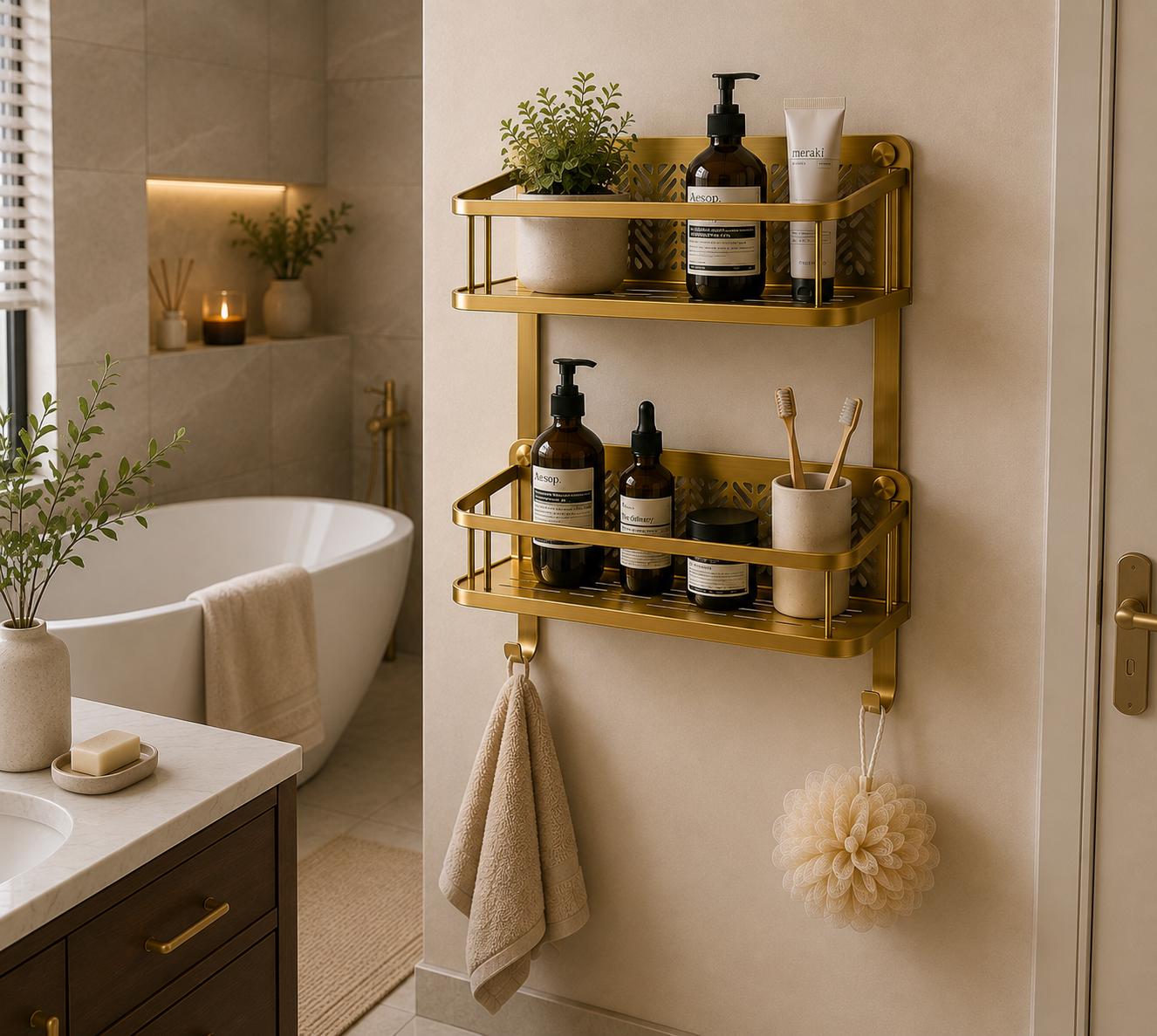 Gold Brass Bathroom Wall Shelf, 2-Tier Shower Organizer, Wall-Mounted Storage Rack with Hooks, Vintage Bathroom Decor