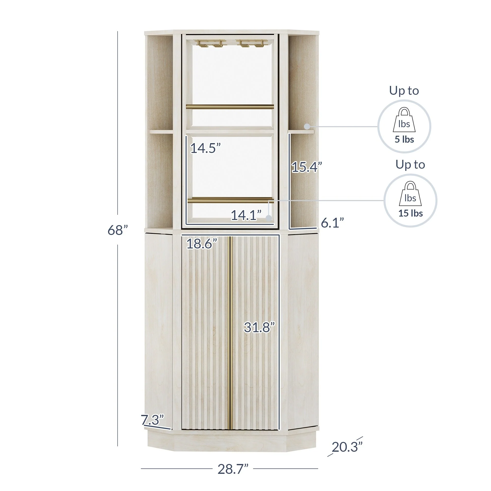 BELLEZE 68 Tall Corner Bar Storage Cabinet with Rotating Wine Rack - White Sand