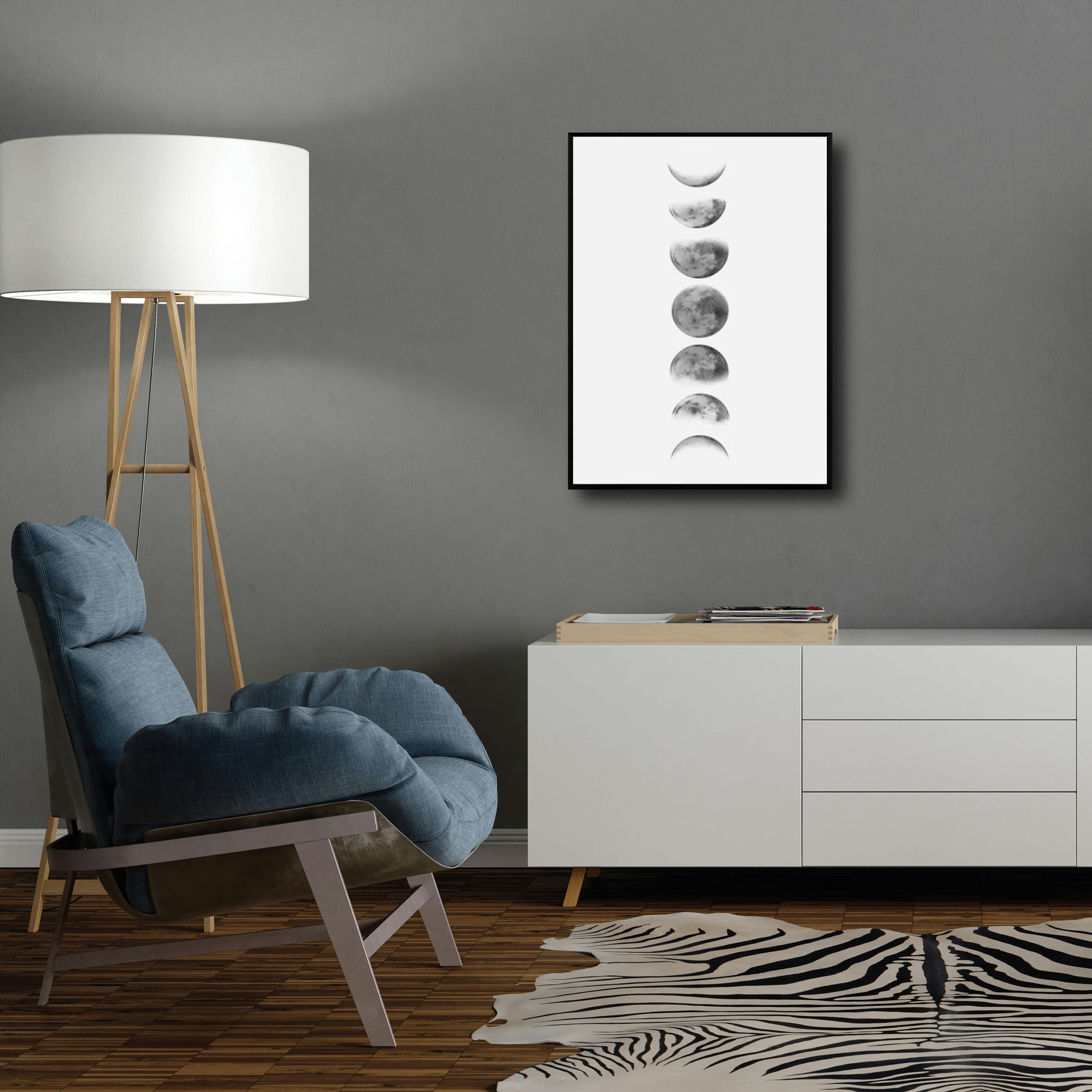 CIELO - Affiche avec cadre noir - Cycle lunaire noir et blanc - 50x70