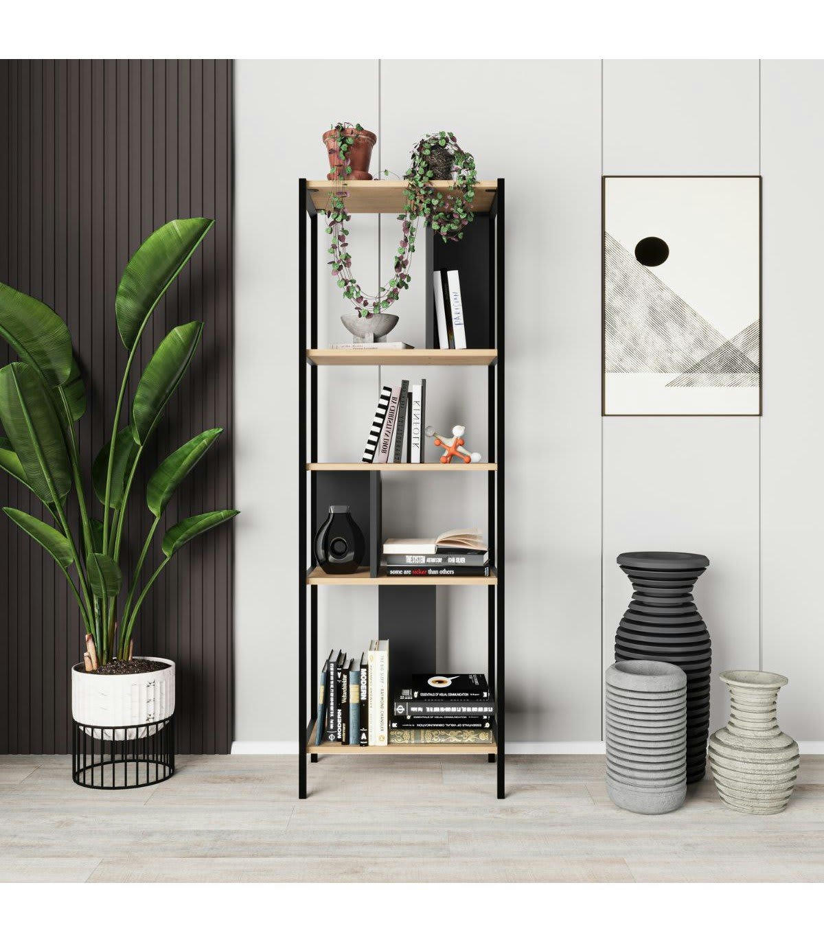 ALABAMA - Étagère décor chêne/noir anthracite avec pieds en métal - L58 cm