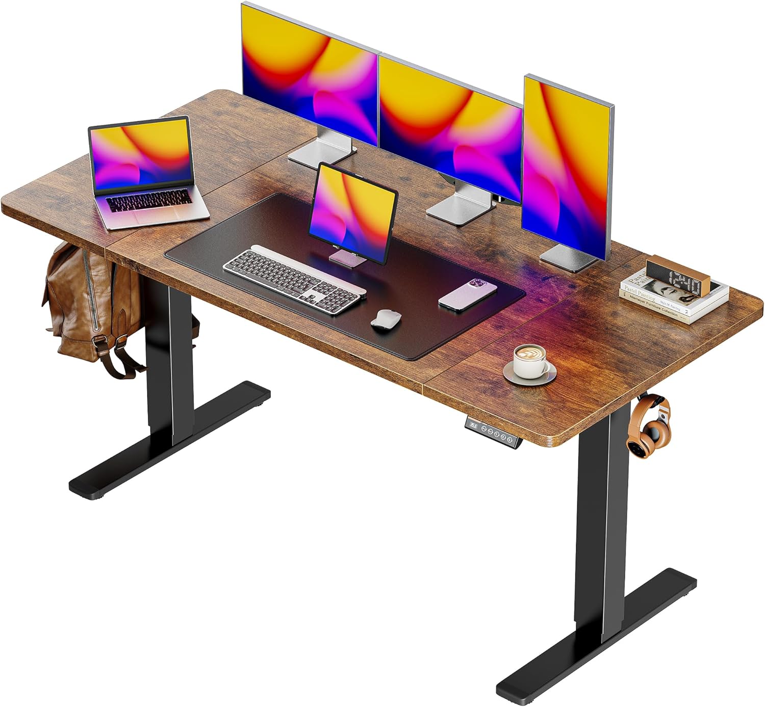 Huuger 55 x 28 Large Electric Standing Desk, Height Adjustable Computer Desk, 27.6 Deep Desktop, Stand up Gaming Office Desk with 2 Hooks, 3 Preset Heights, for Home Office, Rustic Brown