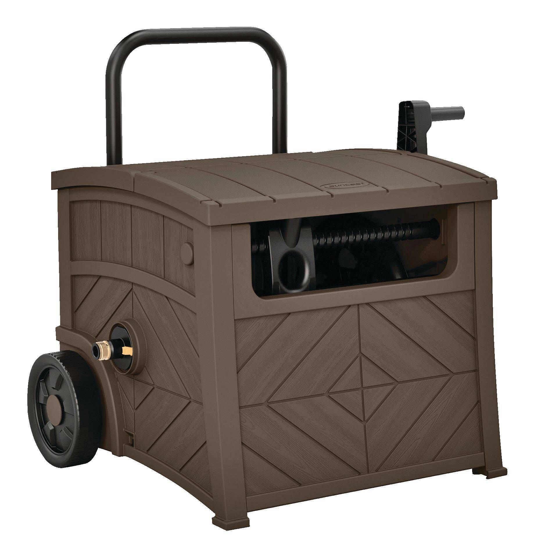 Suncast Wheeled Wood-Like Garden Hose Reel Hideaway & Storage with Leader Hose, 150-ft