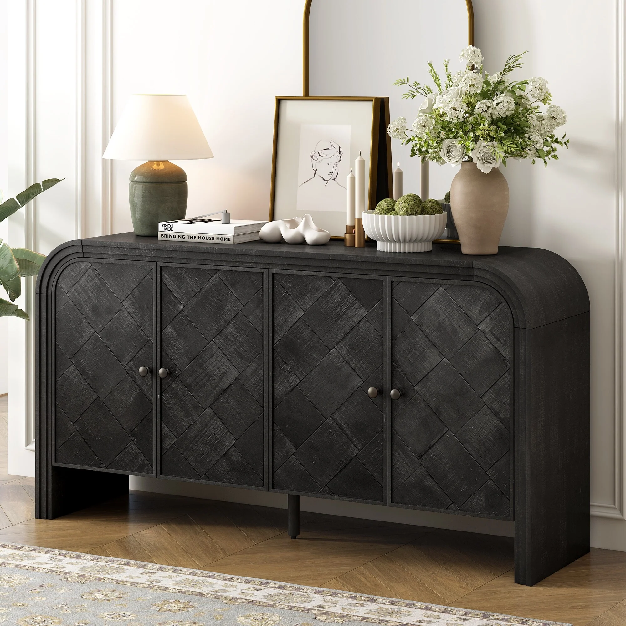 Luxury Multi-Functional MDF Sideboard- woven Wood Slat Doors, Tiered Stepped Design & Premium Solid Wood Veneer