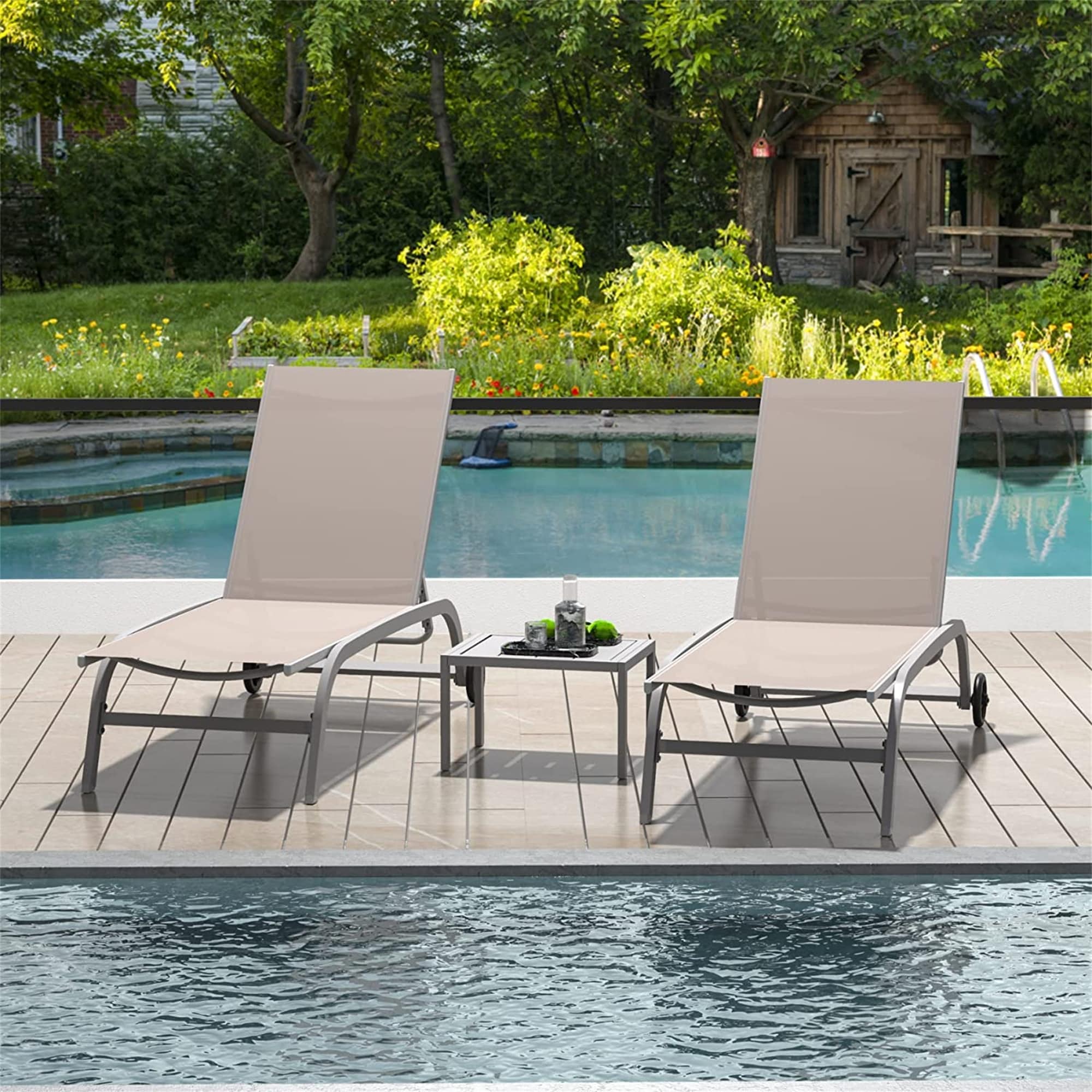 Chaise Lounge Outdoor Set of 3, Lounge Chairs for Outside with Wheels, Outdoor Lounge Chairs with 5 Adjustable Position