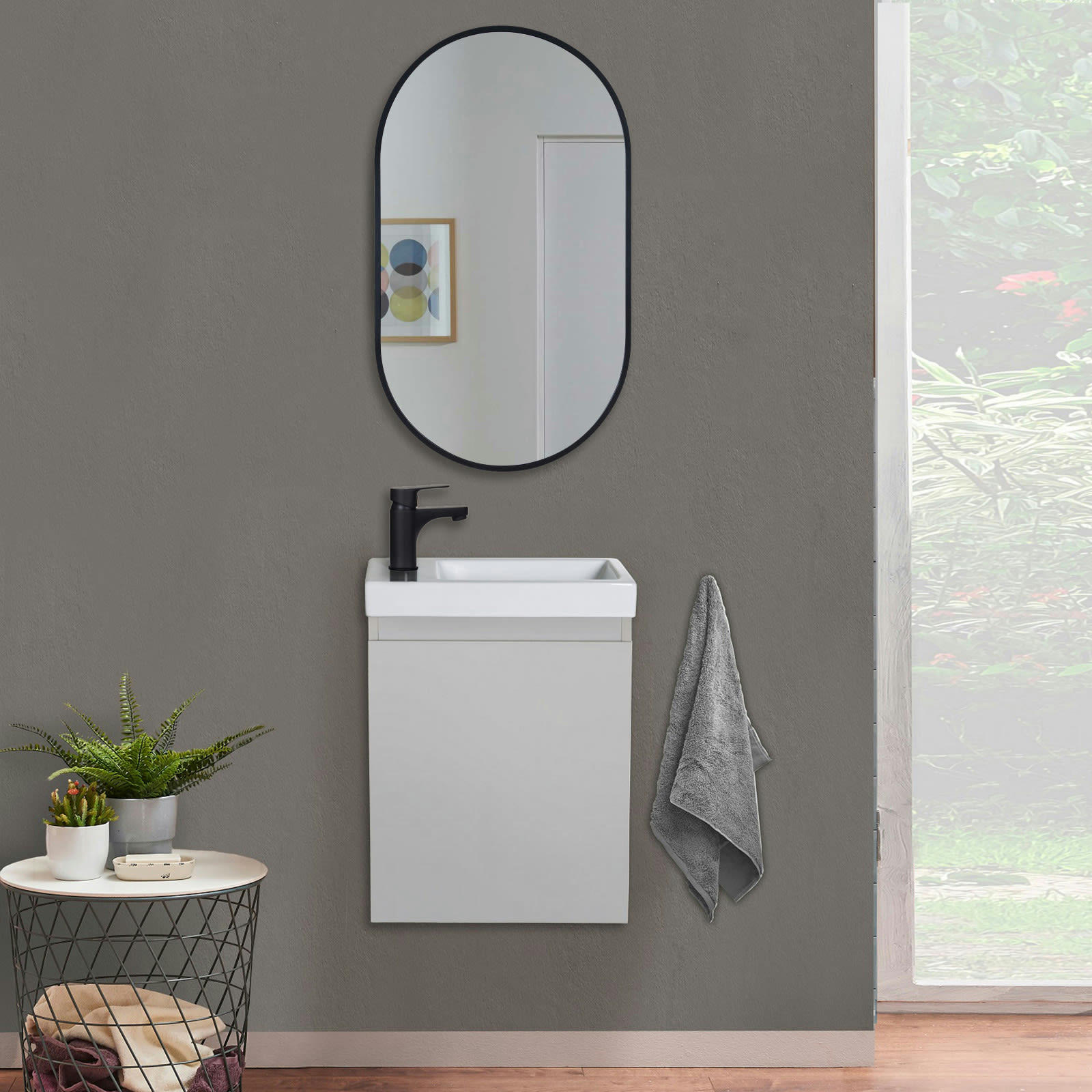 LISA - Meuble lave-mains  gris sable + miroir ovale