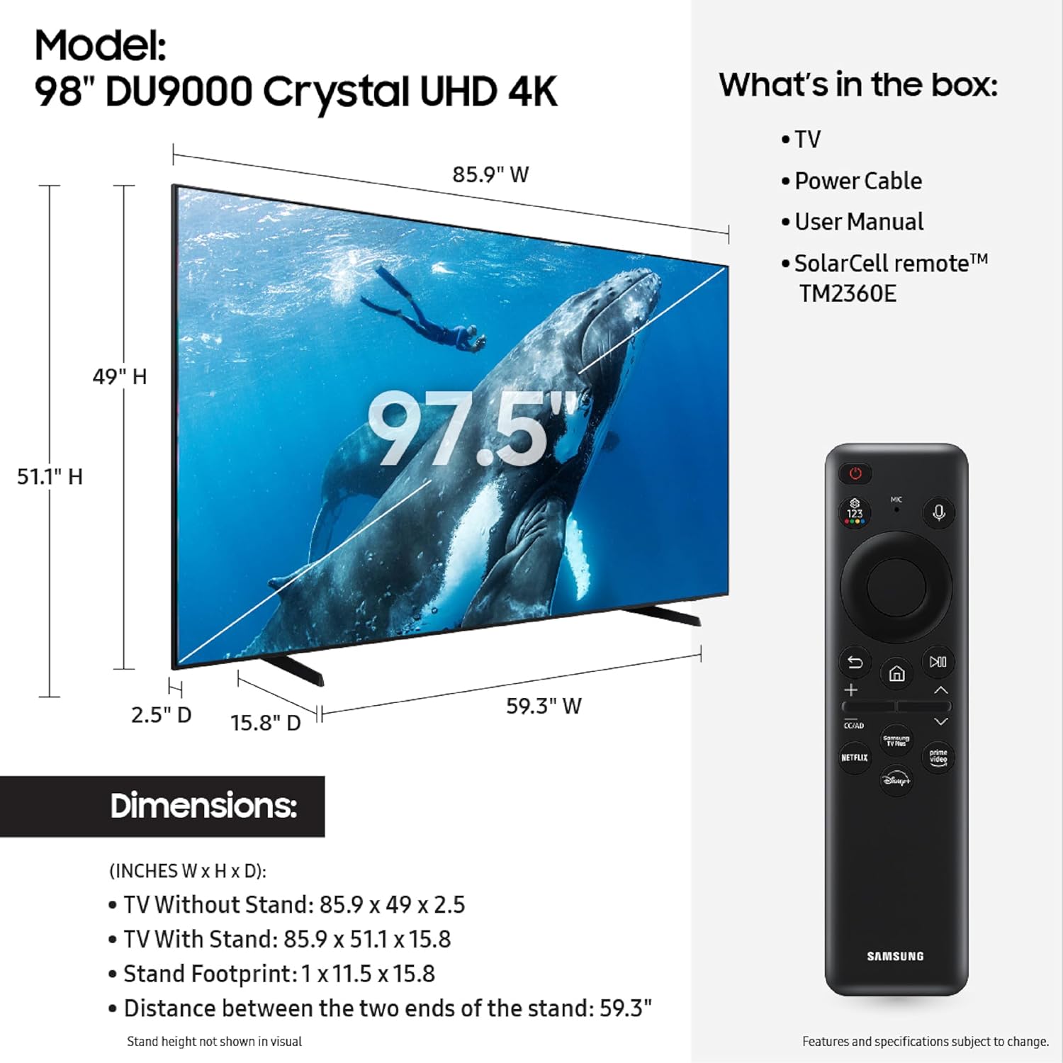 Samsung 98-Inch Class 4K Crystal UHD DU9000 Series HDR Smart TV  Object Tracking Sound Lite  Motion Xcelerator 120Hz  Supersize Picture Enhancer  Mega Contrast  Alexa Built-In (UN98DU9000  2024 Model)