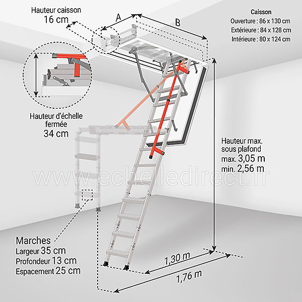 Escalier coupe feu 120min - Hauteur sous plafond 3.05m - Trémie 86x130cm - LMF86130-305