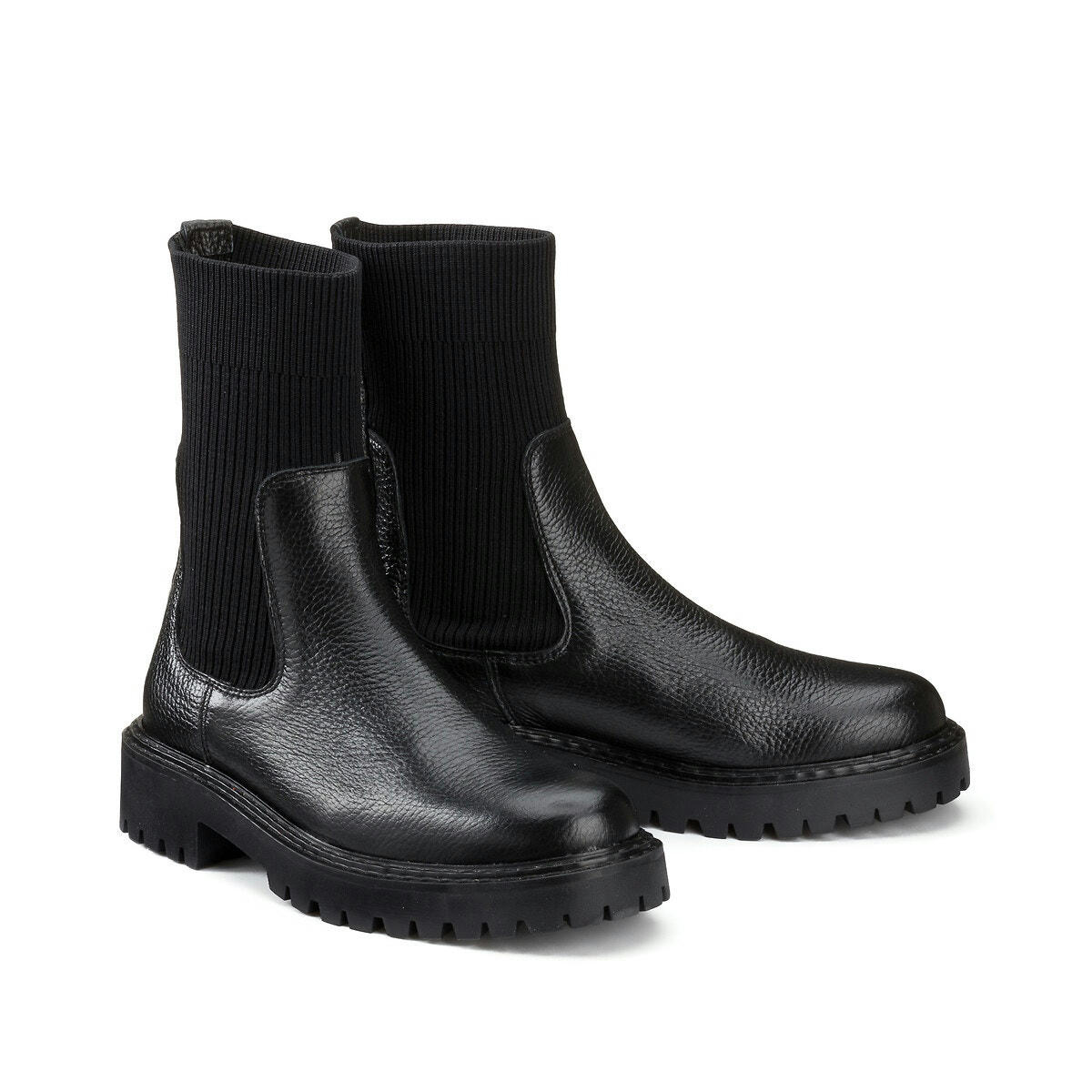 Boots chaussette en cuir, semelle crantée