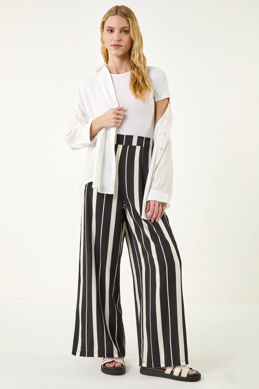 Roman Stripe Print Wide Leg Trouser