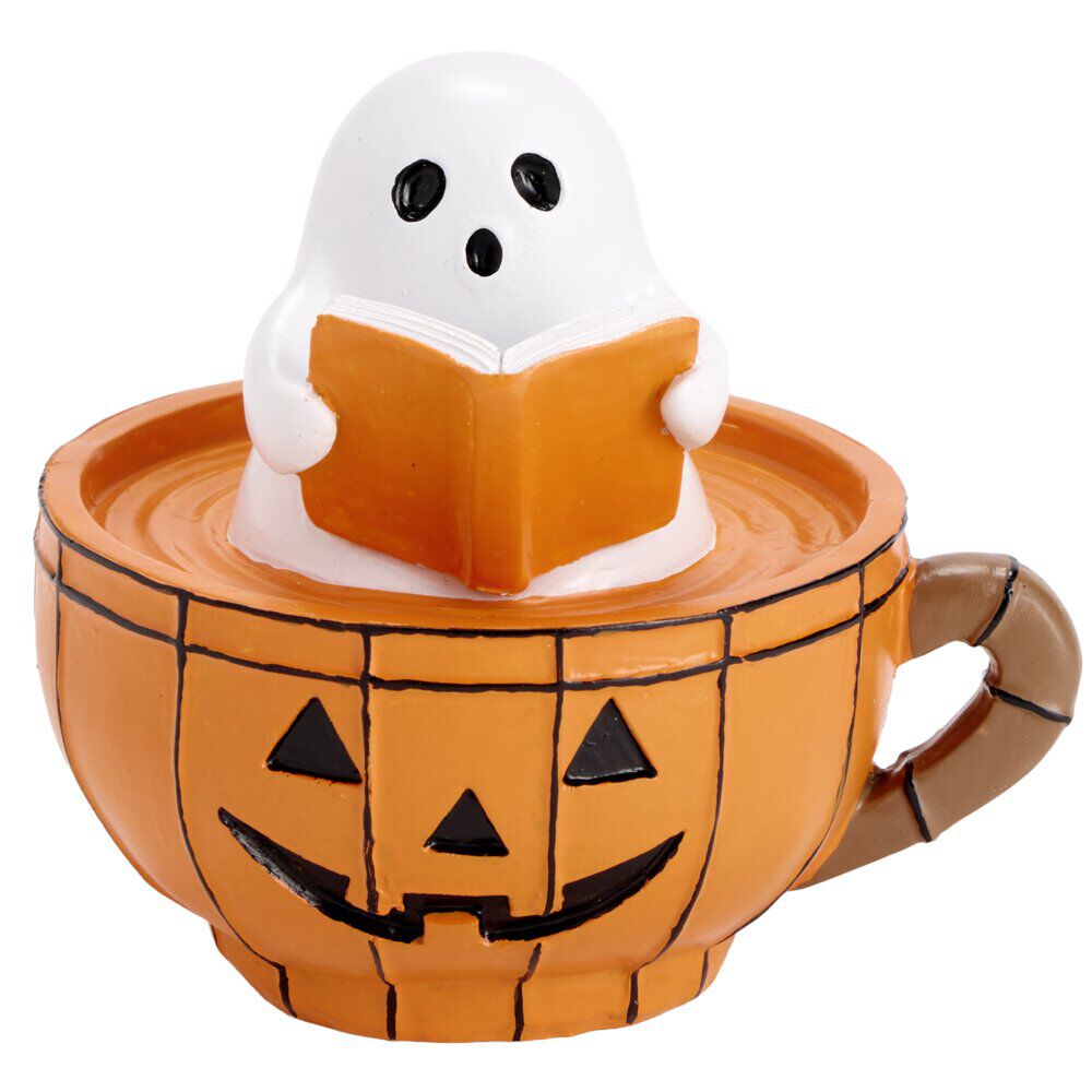 Décoration Halloween LED tasse fantôme citrouille résine orange