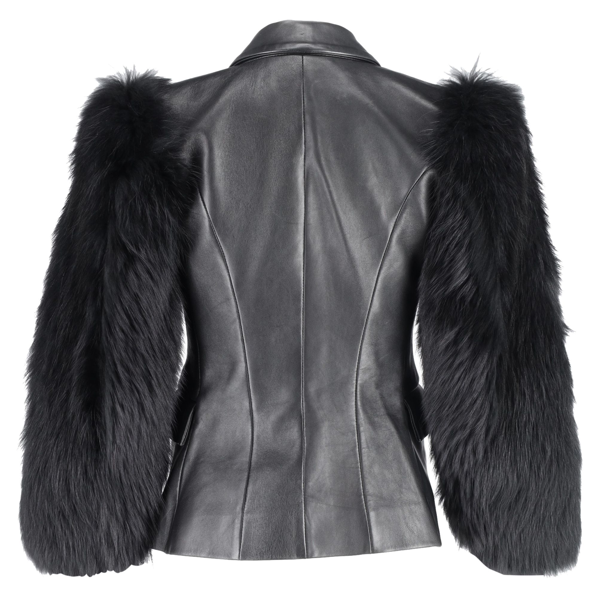 Balmain Preloved Single Breasted Fur Sleeve Blazer in Black Leather