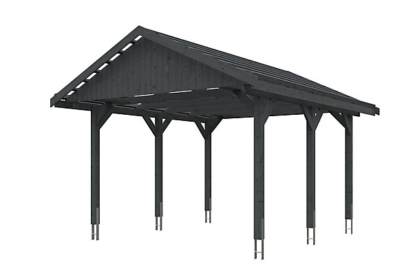 Carport SKAN HOLZ Wallgau 430 x 500 cm, traitement coloré gris ardoise, avec lattis