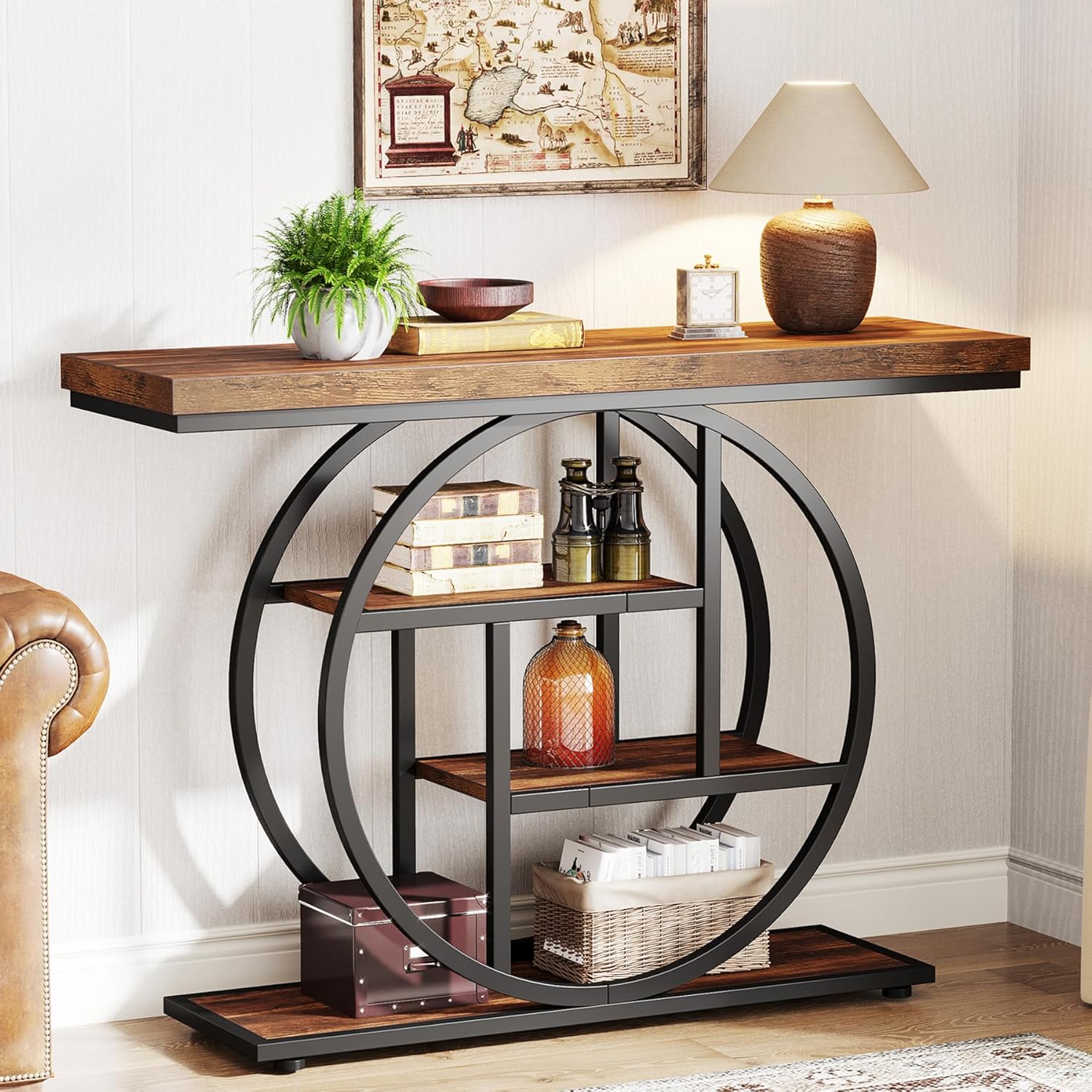 Tribesigns 41.3 Console Table, Industrial 4-Tier Sofa Table Entryway Table with Circle Base, Narrow Wood Accent Tables with Storage Shelves for Living Room, Hallway, Foyer, Rustic Brown