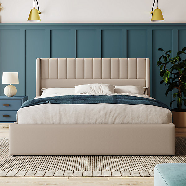 Lit 160x200 cm avec rangement hydraulique, tête de lit rembourrée en lin beige et cadre métal robuste