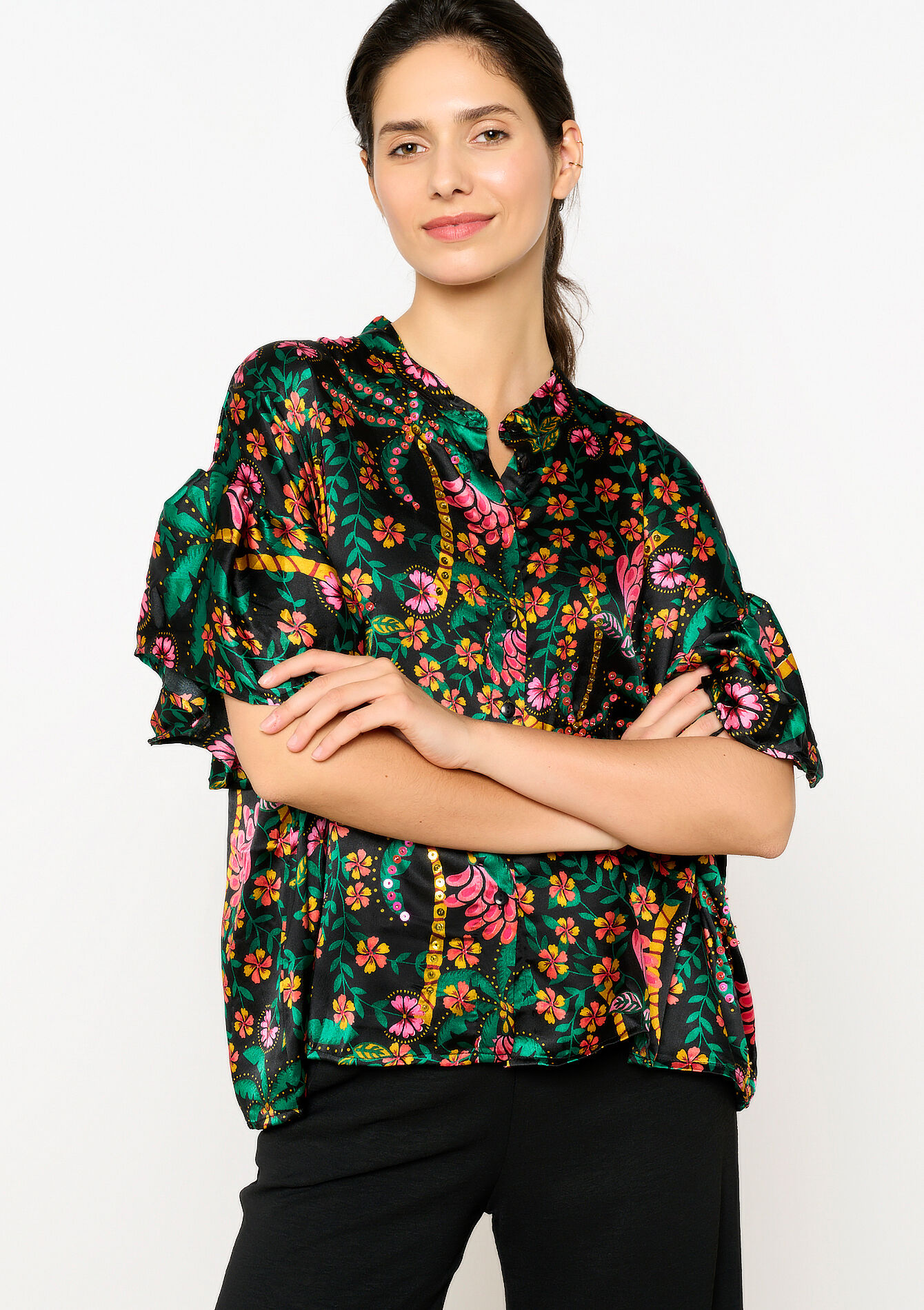 Blouse met tropische print en pailletten