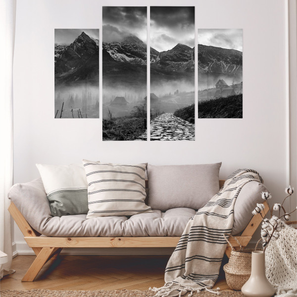 Obraz 4-Częściowy Czarno-Białe GÓRY Pejzaż 80x60cm