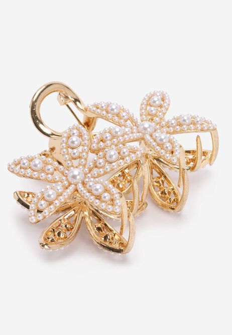Womens White Pearl Double Flower Hair Clip