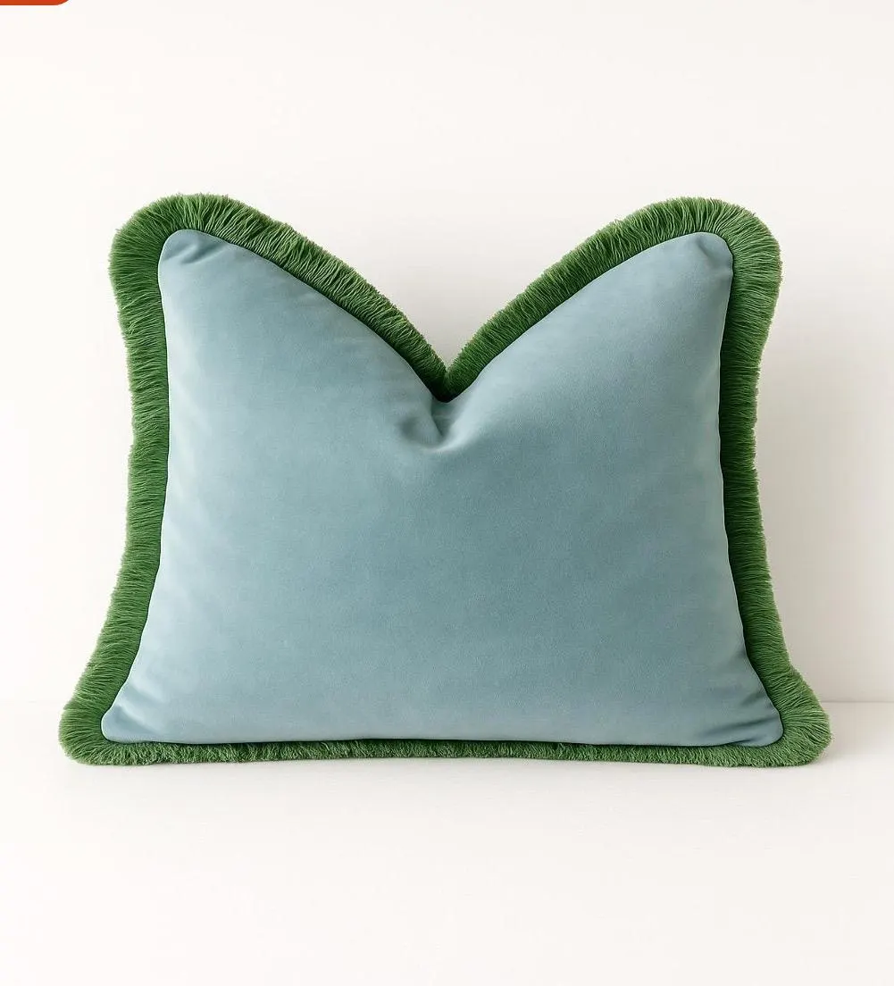 Fringe Velvet Pillow Cover – Dusty Blue with moss Green Trim | Lumbar or Bolster Cover | Chinoiserie Decor | High-End Decorative Throw