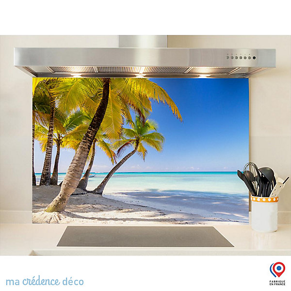 Crédence cuisine fond de hotte Palmiers et ciel bleu - Verre trempé - L 90 cm x H 60 cm - MaCrédenceDéco