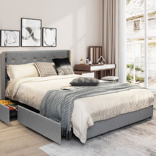 NNECW Full/Queen Size Upholstered Bed Frame with 4 Drawers-Silver-Full