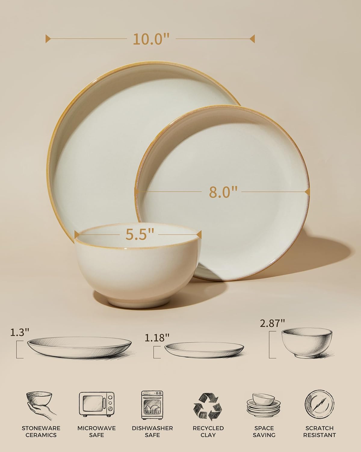Pokini Stoneware Dinnerware Sets for 6, 18 Piece Microwave Safe Plate and Bowl Set, Easy to Clean & Durable Dishes Sets for Small to Medium Families, Yellow White